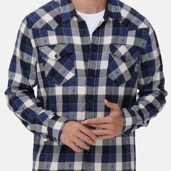 FRYE Jacquard Flannel Button-Down Shirt Deep Night Sky Plaid Men's Medium NWT - Picture 4 of 8